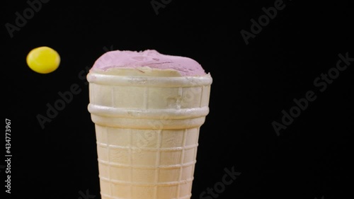 Ice cream sundae in a waffle cup. Slow motion 180 fps