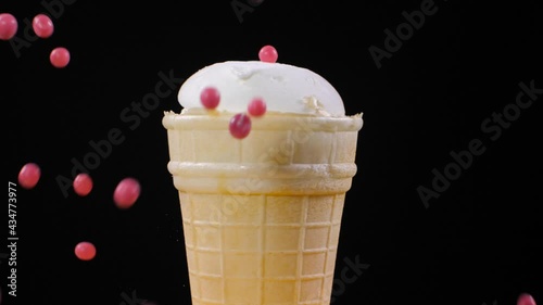 Ice cream sundae in a waffle cup. Slow motion 180 fps