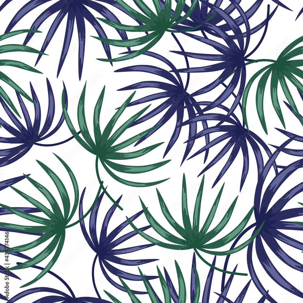 Isolated seamless pattern with doodle blue and green random botanic leaf shapes. White background.