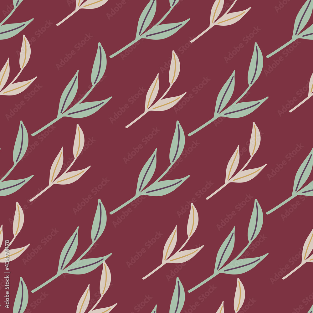 Blue and grey nordic leaves twig seamless pattern in doodle style. Maroon background. Decorative floral print.