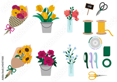 Flowers, bouquet and florist instruments set. Flowers shop