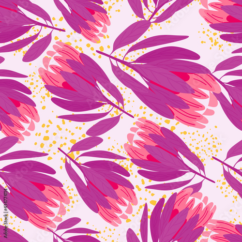 Random purple and pink protea flowers hand drawn seamless pattern. Isolated print with splashes.