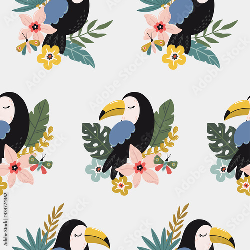 Tropical seamless pattern. Beautiful summer background. Hand drawn vector illustration.