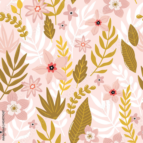 Tropical seamless pattern. Beautiful summer background. Hand drawn vector illustration.