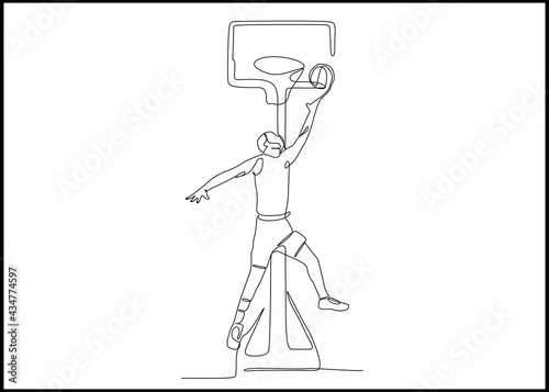 A man basketball player jumping throwing the ball, isolated on white background - continuous one line drawing