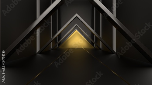 minimalistic tunnel triangular dark gold floor reflections glow geometry perspective depth 3d render