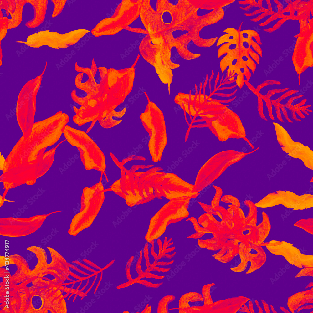 Monstera Pattern Painting. Violet Seamless Foliage. Nature Palm. Orange Watercolor Leaves. Tropical Foliage. Floral Design. Summer Textile.Isolated Jungle. Monstera Pattern Painting. Violet Seamless Foliage. Nature Palm. Orange Watercolor Leaves. Tropical Foliage. Floral Design. Summer Textile.Isolated Jungle.