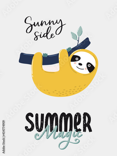 Beautiful tropical print with cute sloth. Lovely typography with elements. Hand drawn vector illustrations and lettering.
