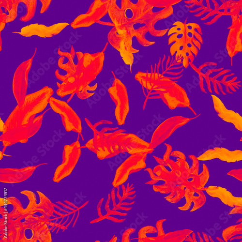 Monstera Pattern Painting. Violet Seamless Foliage. Nature Palm. Orange Watercolor Leaves. Tropical Foliage. Floral Design. Summer Textile.Isolated Jungle. © Nima
