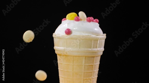 Ice cream sundae in a waffle cup. Slow motion 180 fps