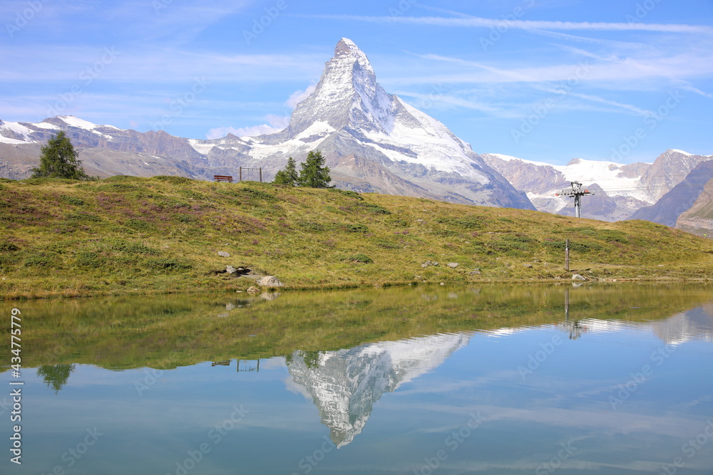 The Matterhorn reflection on the lake of Leisee, Switzerland