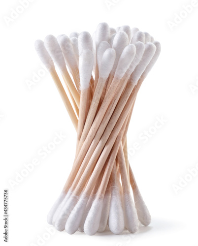 Cotton swabs on a wooden base for the ears on a white background. Isolated