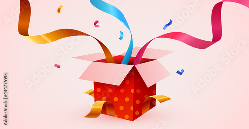 Cute Surprise Gift Box With Falling Confetti. Present box as prize concept.