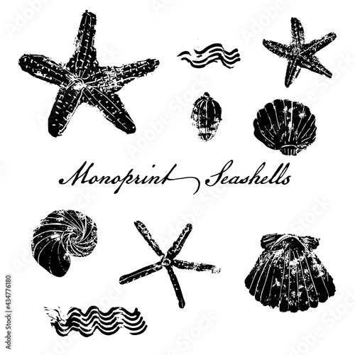 Seashells and starfish stamp effect vector icon set. Mono print technique.