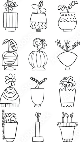 Plantas, flores e vasos. Conjunto de 12 icons vectoriais.