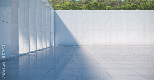 Abstract background of Empty concrete wall and floor with trees  Modern sunlight and blue Sky Scene  3d rendering.