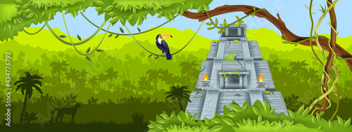 Maya jungle pyramid vector background, green tropical panoramic landscape, palm silhouette, vine, toucan. Aztec ancient stone temple ruin, leopard, bushes. Jungle landscape, rainforest wildlife banner photo