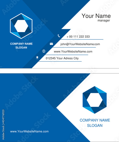 Graphic design of a company business card in a vector file. Blue colors elements.