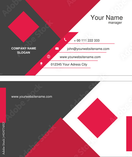 Graphic design of a company business card in a vector file. Red and gray elements.