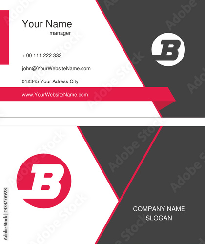 Graphic design of a company business card in a vector file. Rray colors with red elements.