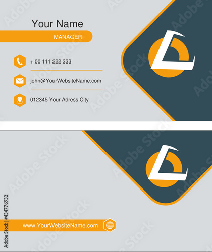 Graphic design of a company business card in a vector file. Blue gray colors with orange elements.