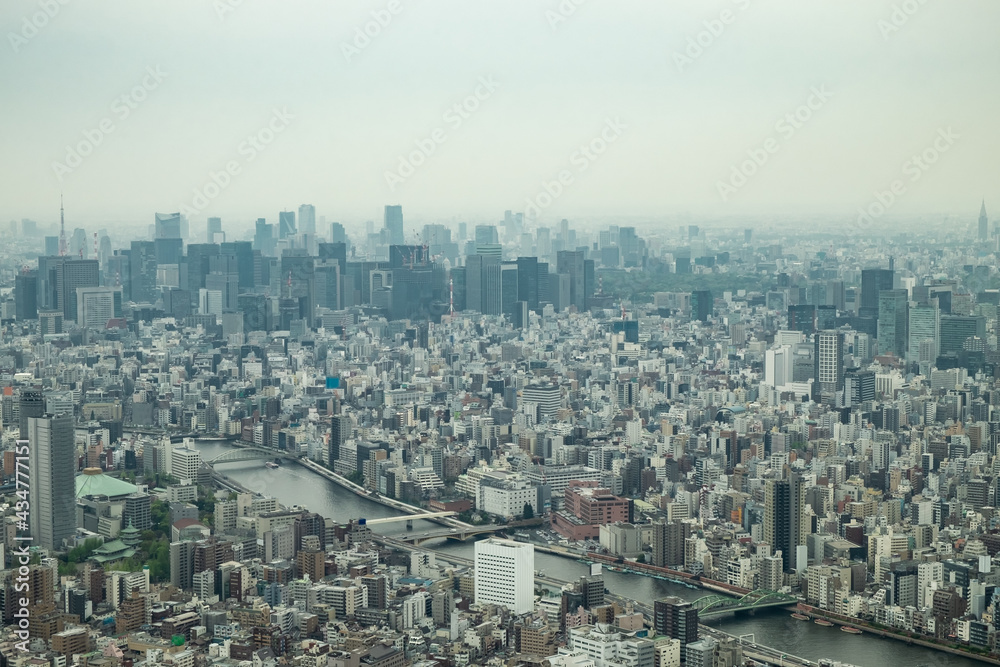 View of Tokyo in a haze from bird eye on a cloudy day.