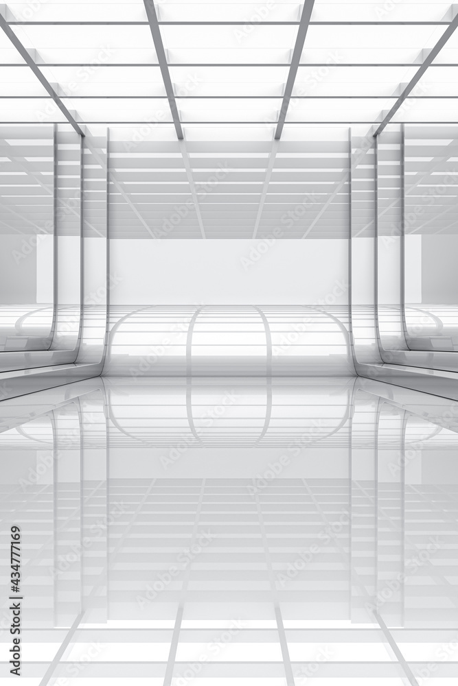 Abstract white backdrop with light and reflection. Elegant highlights clean space modern showroom concept. 3d rendering Abstract white backdrop with light and reflection. Elegant highlights clean space modern showroom concept. 3d rendering