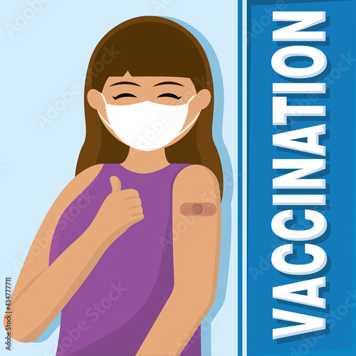 Happy vaccinated woman Vaccination time poster VEctor illustration