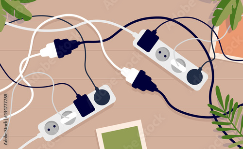 Messy electrical chords and clutter at home - Floor with extension sockets cables, chargers and wire mess. Vector illustration.
