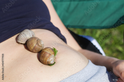 Grape snails are crawling over a woman's belly. Close-up shot.