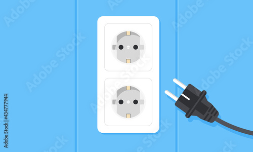 Double European electrical socket on wall at home with blue wall background. Power cable about to be plugged in. House electricity and outlet concept. Vector illustration.