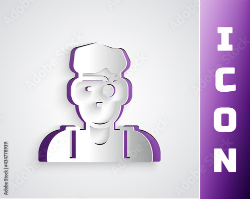 Paper cut Jeweler man icon isolated on grey background. Paper art style. Vector