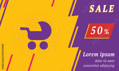 Sale promotion banner with place for your text. On the left is the baby carriage symbol. Promotional text with discount percentage on the right side. Vector illustration on yellow background