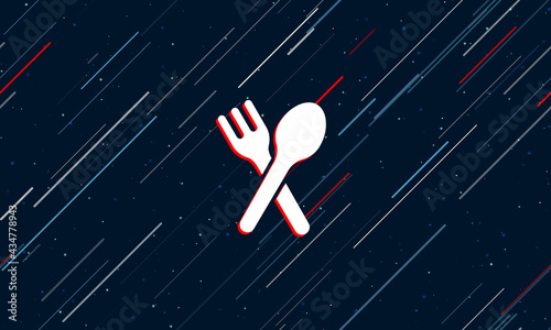 Large white dinner time symbol framed in red in the center. The effect of flying through the stars. Vector illustration on a dark blue background with stars and slanted lines
