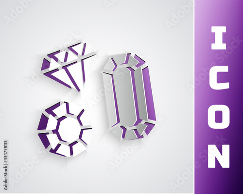 Paper cut Gem stone icon isolated on grey background. Jewelry symbol. Diamond. Paper art style. Vector