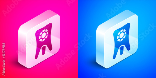 Isometric Tooth with diamond icon isolated on pink and blue background. Silver square button. Vector