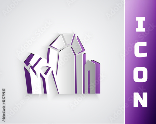 Paper cut Gem stone icon isolated on grey background. Jewelry symbol. Diamond. Paper art style. Vector