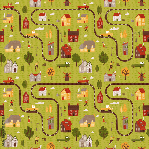 Small Citymap seamless pattern. Top voew of countryside with houses roads and cars Vector flat hand drawn illustration.