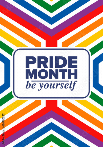 LGBTQIA Pride Month in June. Lesbian Gay Bisexual Transgender. Celebrated annual. LGBT flag. Rainbow love concept. Human rights and tolerance. Poster, card, banner and background. Vector illustration