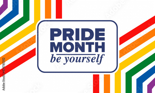 LGBTQIA Pride Month in June. Lesbian Gay Bisexual Transgender. Celebrated annual. LGBT flag. Rainbow love concept. Human rights and tolerance. Poster, card, banner and background. Vector illustration