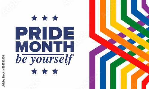 LGBTQIA Pride Month in June. Lesbian Gay Bisexual Transgender. Celebrated annual. LGBT flag. Rainbow love concept. Human rights and tolerance. Poster, card, banner and background. Vector illustration