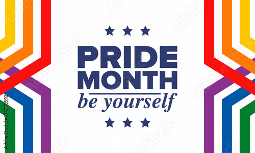 LGBTQIA Pride Month in June. Lesbian Gay Bisexual Transgender. Celebrated annual. LGBT flag. Rainbow love concept. Human rights and tolerance. Poster, card, banner and background. Vector illustration