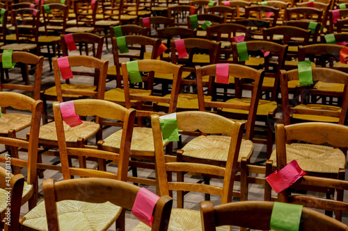 Social distancing marks on chairs in Saint Jacques-Saint Christophe de la Villette church, Paris, France