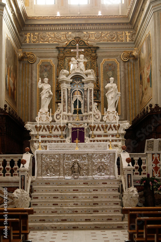 Catholic church altar, Ales, Sardinia, Italy. Reliefs depicting the 4 evangelists