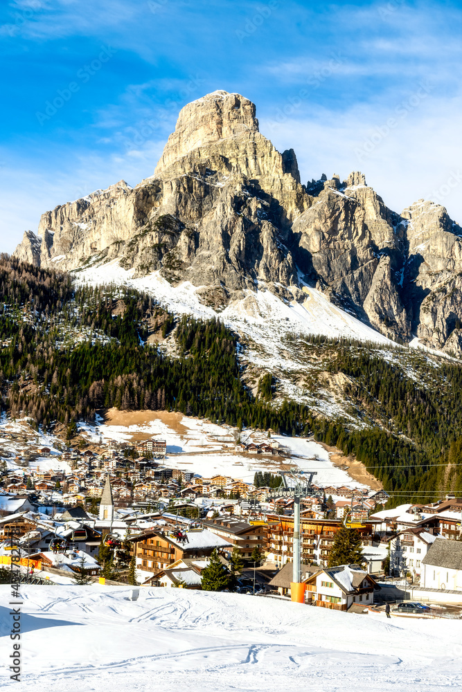Ski Resort of Corvara on a sunny day, Alta Badia, Dolomites Alps, Italy