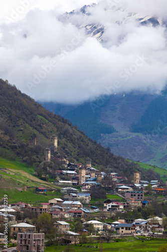 Towers of Mestia village in Svaneti area Caucasus mountains in Georgia