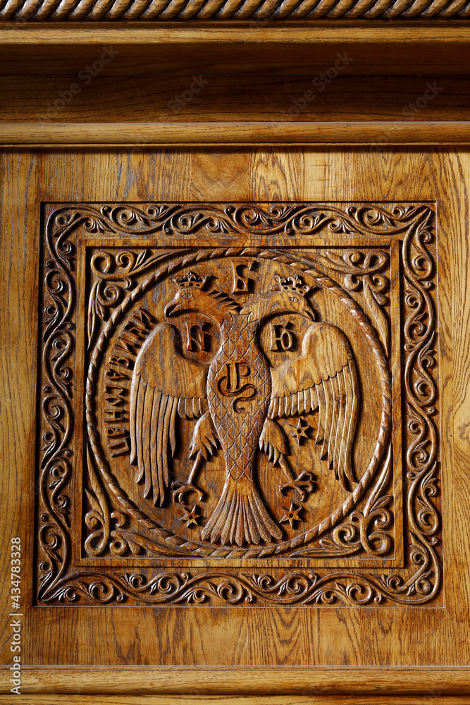 Resurrection orthodox cathedral, Podgorica, Montenegro. Two-headed eagle, emblem of montenegro.