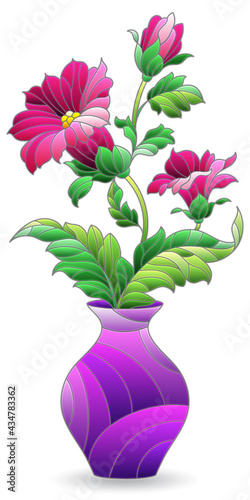 Illustration in the style of a stained glass window with a floral still life, a vase of flowers isolated on a white background