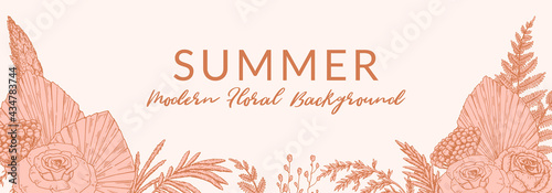 Horizontal summer banner with hand drawn modern floristry. Vector illustration in sketch style
