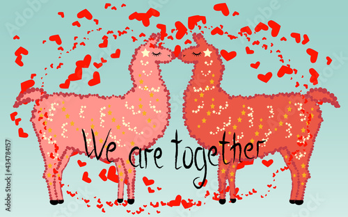 Two lovers, kissing llamas surrounded by hearts. Love is in the air. The inscription We are together, postcard, Valentine's day